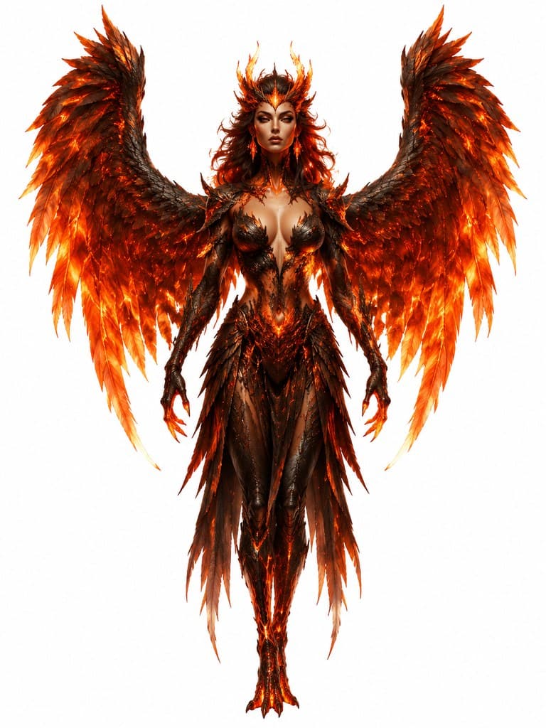 西方魔幻熔岩凤凰女性熔岩羽翼炎爪全身定妆照