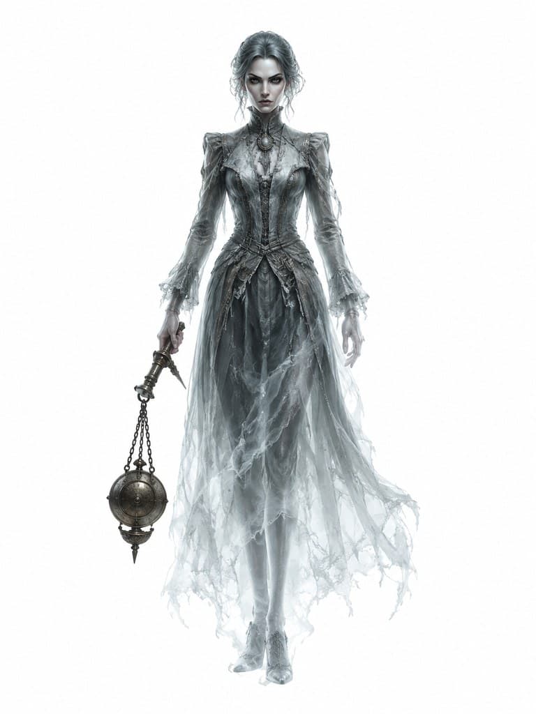 西方魔幻钟楼幽灵女性半透明挂钟锤全身定妆照