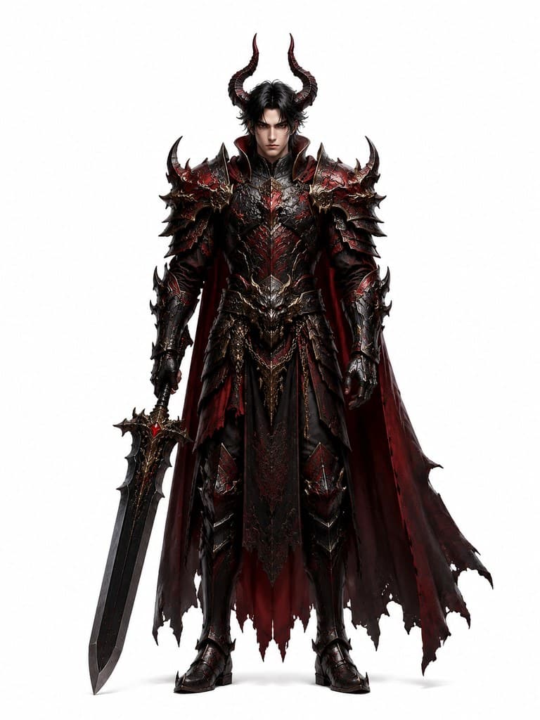 西方魔幻深渊将军男性暗红甲双角巨剑全身定妆照