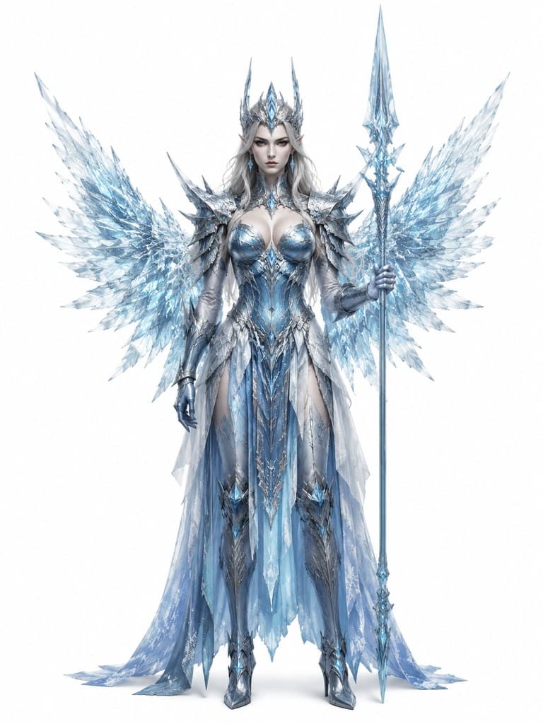西方魔幻冰霜女武神女性冰甲冰翼冰枪全身定妆照