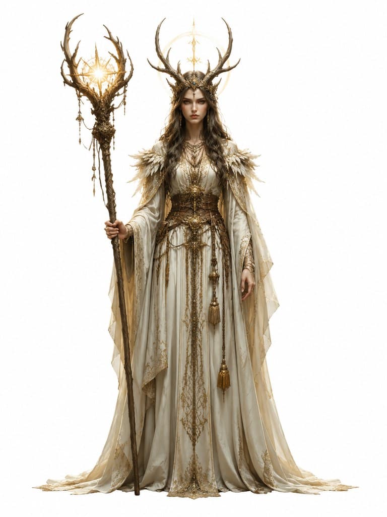 西方魔幻圣光德鲁伊女性光袍鹿角杖圣光全身定妆照