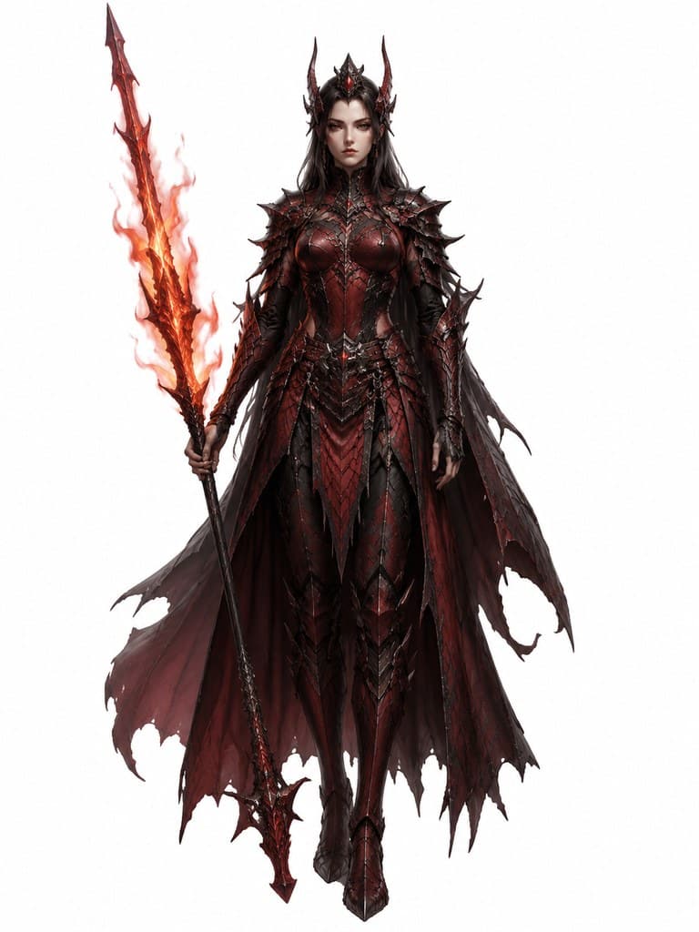 西方魔幻深渊巨龙骑士女性暗红甲龙鞍炎枪全身定妆照