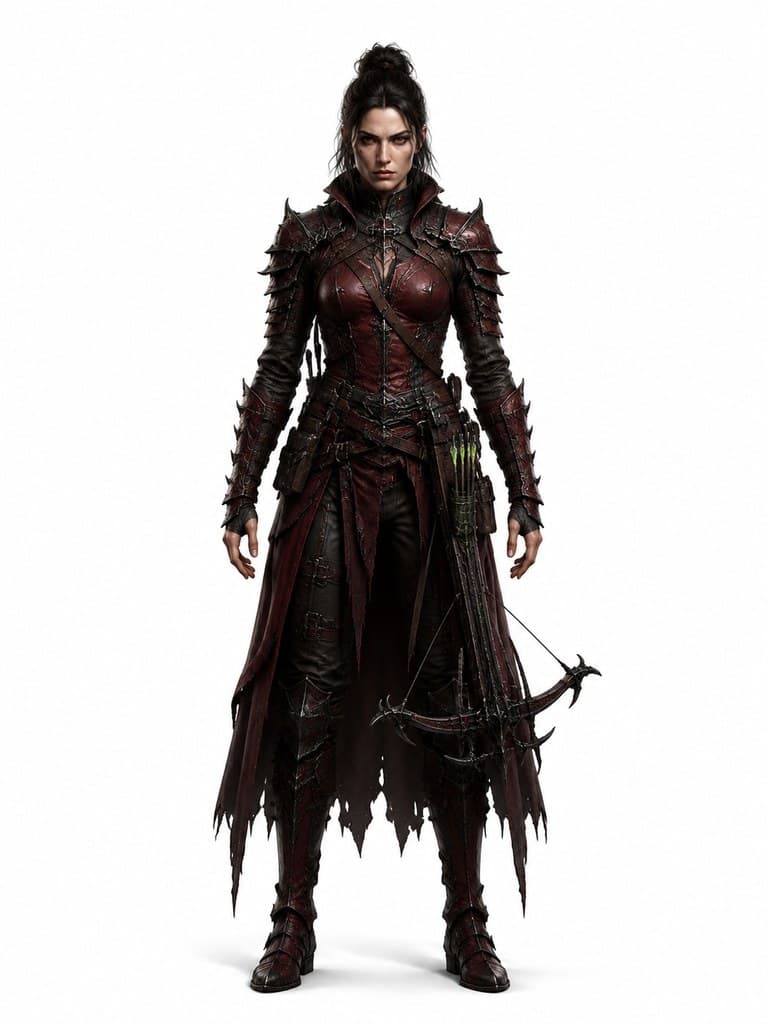 西方魔幻深渊弩手女性暗红甲毒弩暗矢全身定妆照
