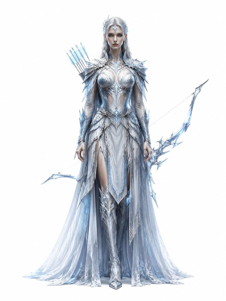 西方魔幻冰霜射手女性冰甲冰弓冰箭全身定妆照