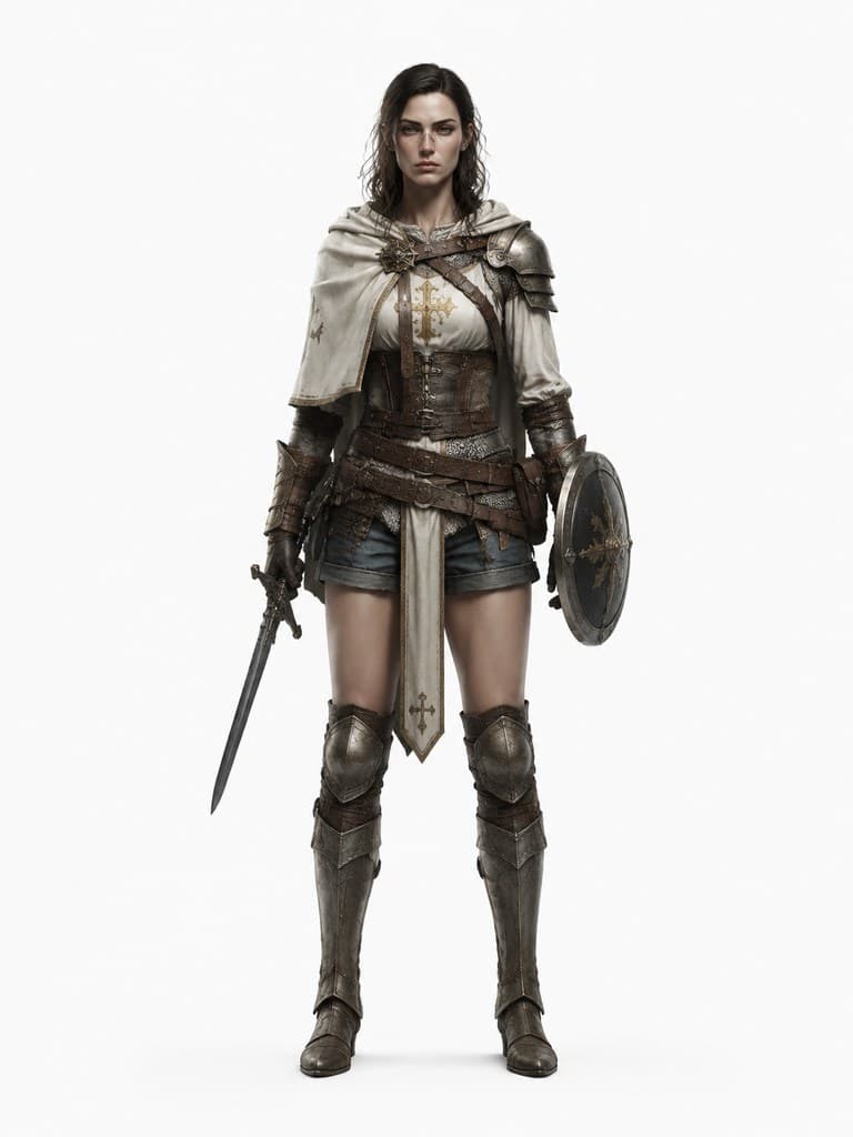 西方魔幻圣光斥候女性轻甲短剑光盾全身定妆照