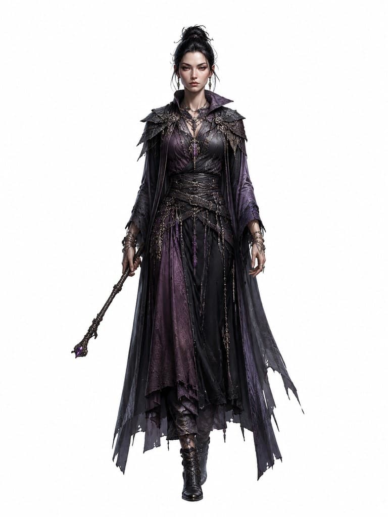 西方魔幻混沌游荡者女性混沌色袍短杖全身定妆照