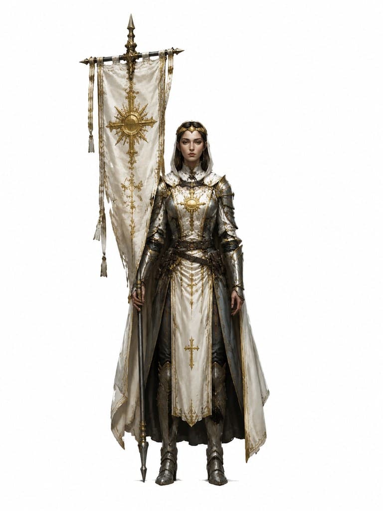 西方魔幻圣光旗手女性光甲战旗圣光全身定妆照
