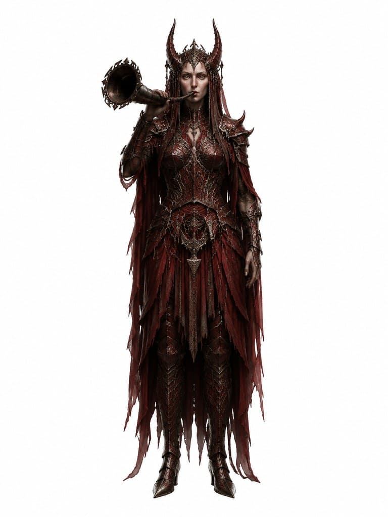 西方魔幻深渊号手女性暗红甲战争号角全身定妆照