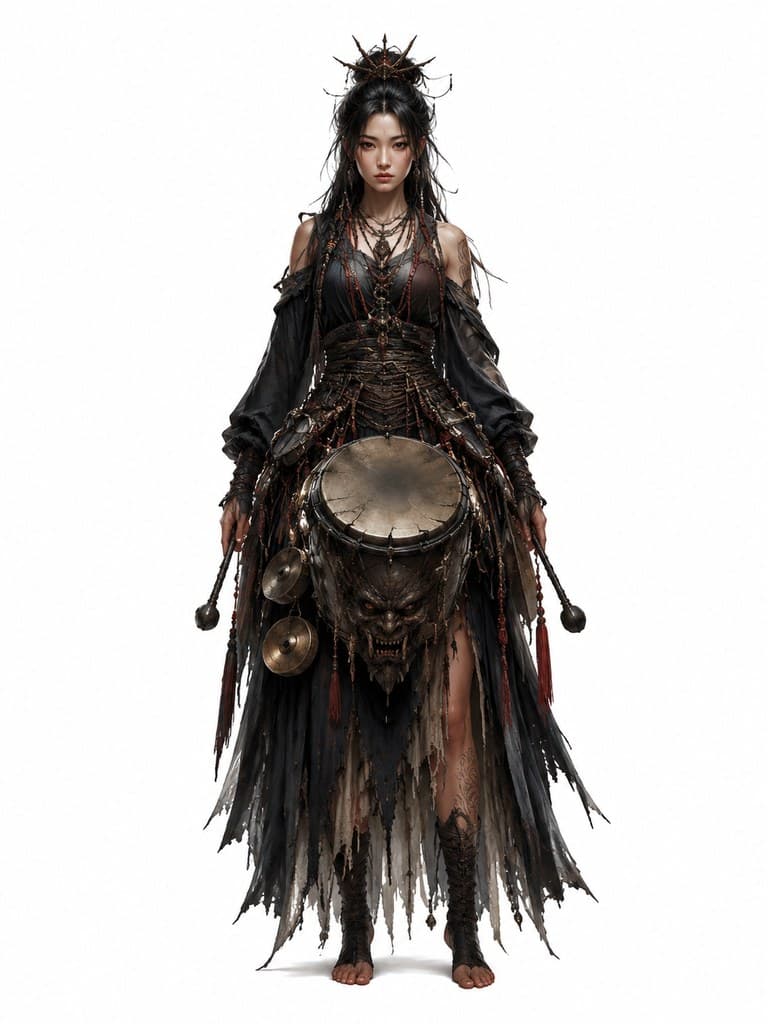 西方魔幻混沌鼓手女性混沌袍战鼓扭曲全身定妆照