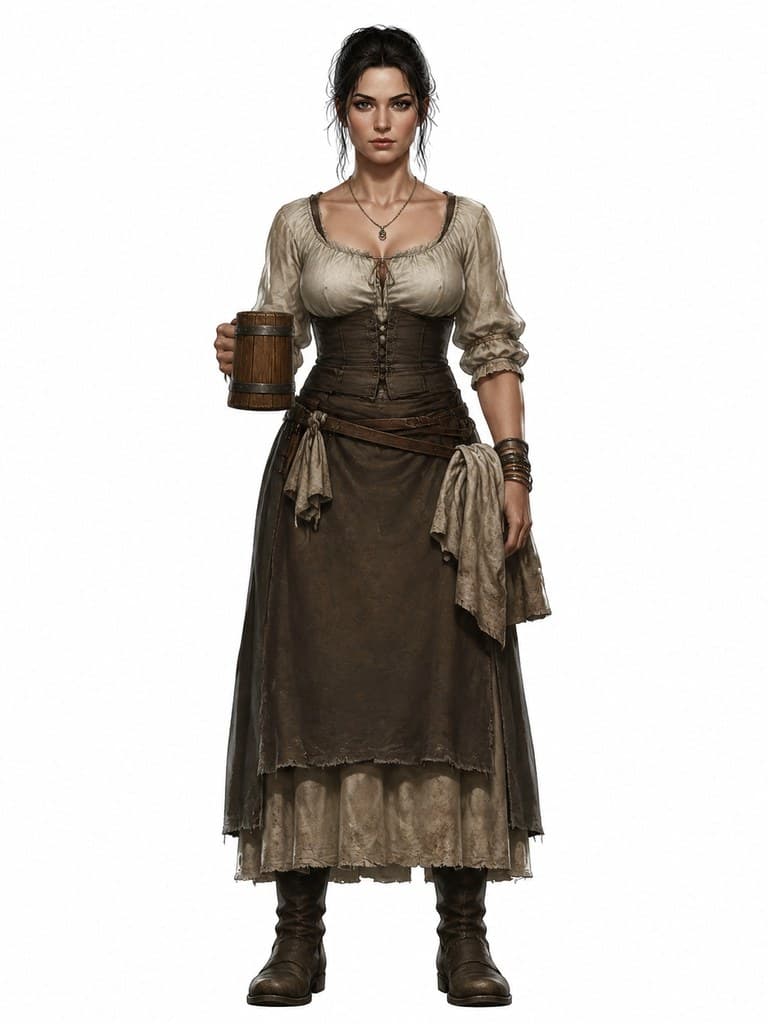西方魔幻酒馆老板女性粗布衣围裙木酒杯全身定妆照
