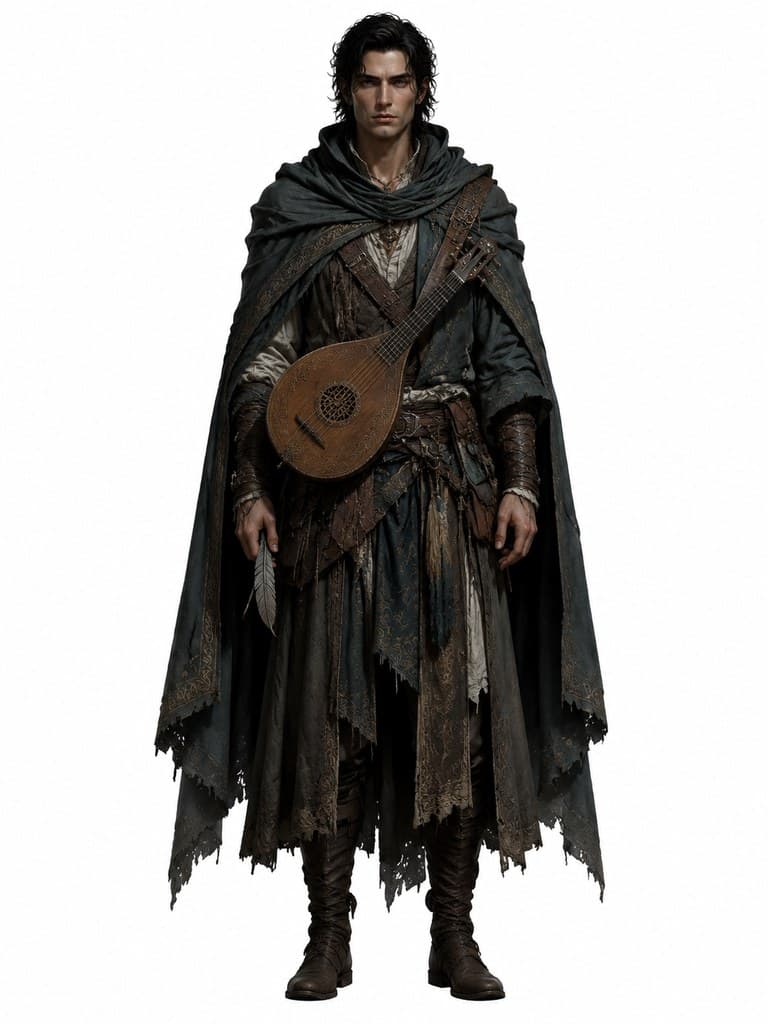 西方魔幻吟游诗人男性斗篷里拉琴羽毛笔全身定妆照