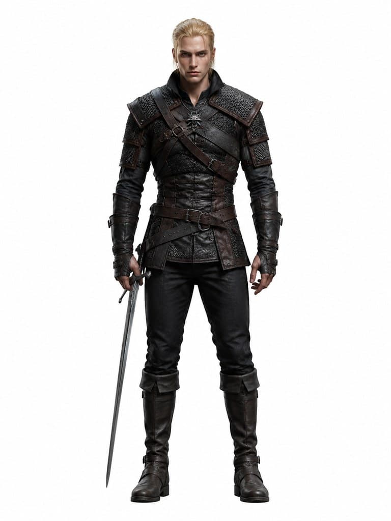 西方魔幻猎魔人狮鹫学派男性金发鹰瞳银剑徽章全身定妆照