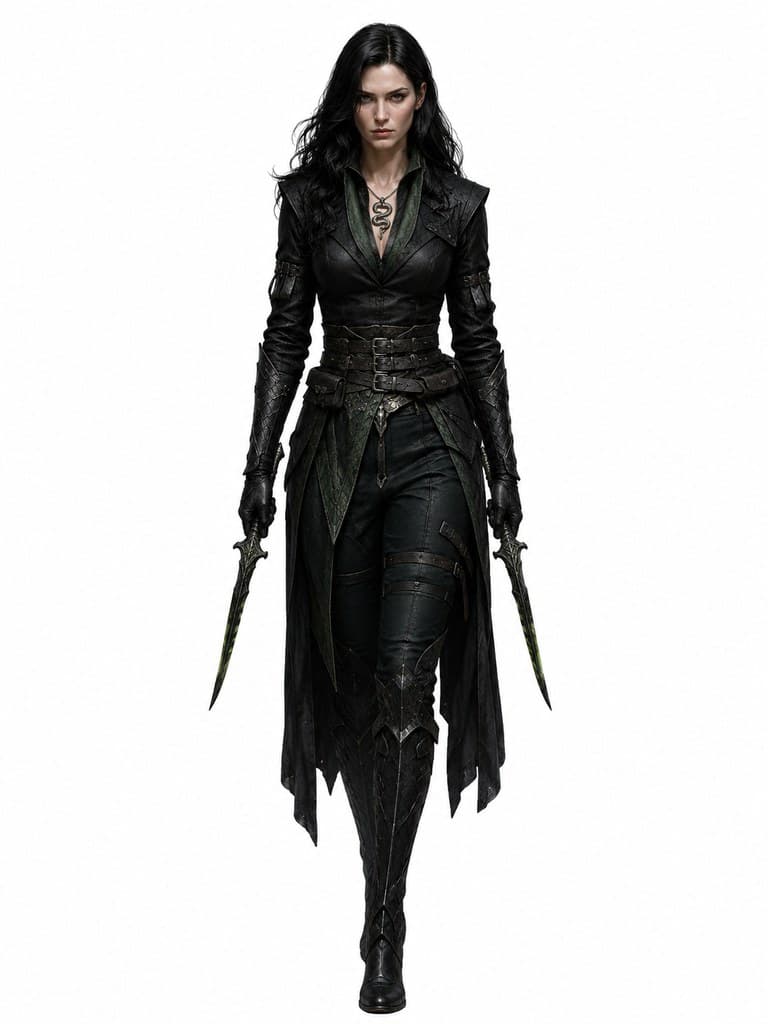 西方魔幻猎魔人毒蛇学派女性黑发蛇瞳双刃毒徽全身定妆照
