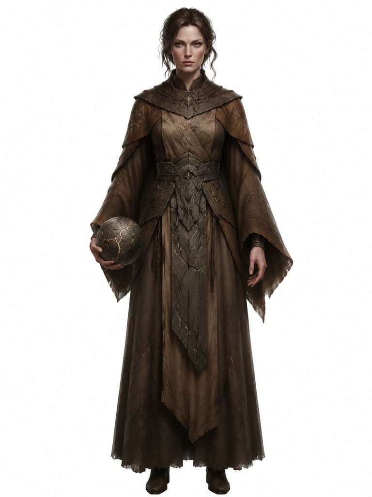 西方魔幻元素使土系女性褐袍岩纹手持石球全身定妆照
