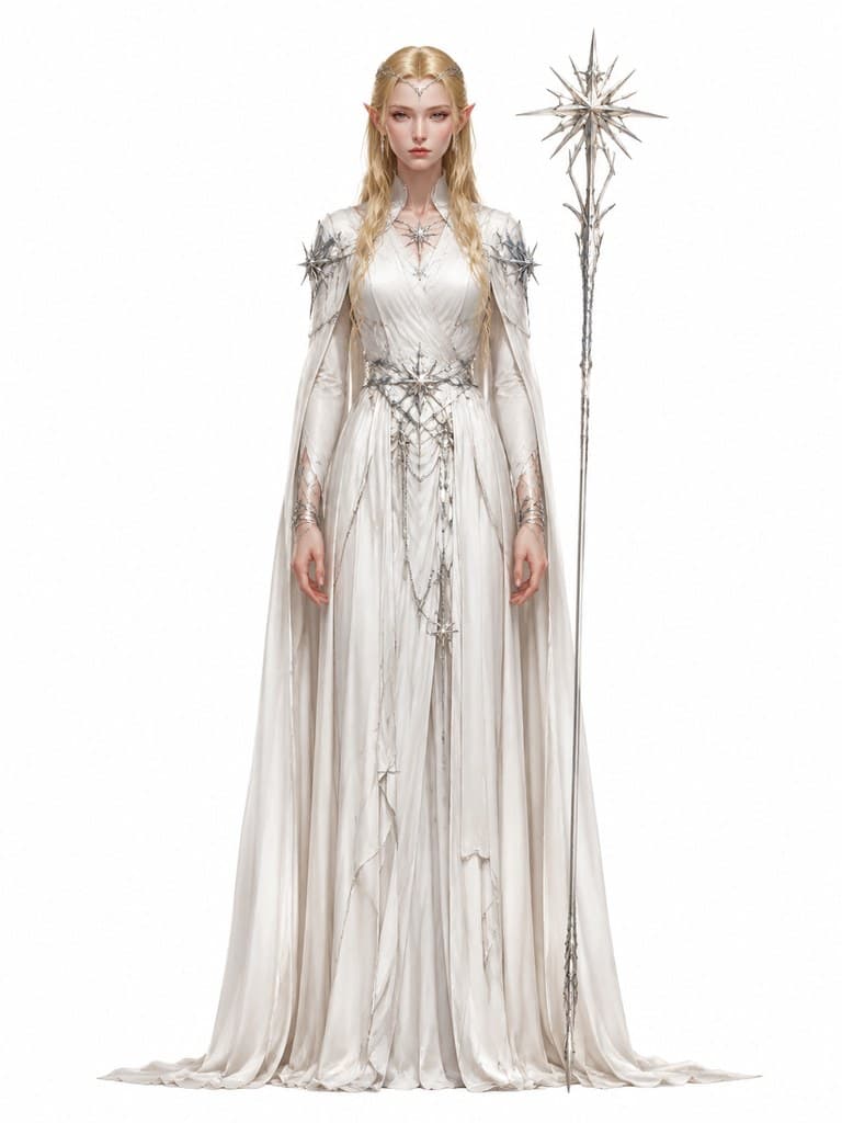 西方魔幻高等精灵大使女性金发白袍银星杖全身定妆照