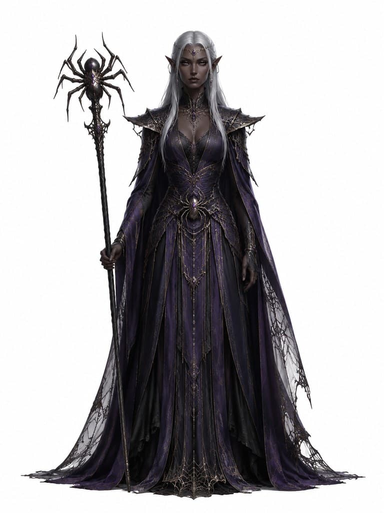西方魔幻黑暗精灵大使女性黑肤银发暗紫袍蛛杖全身定妆照