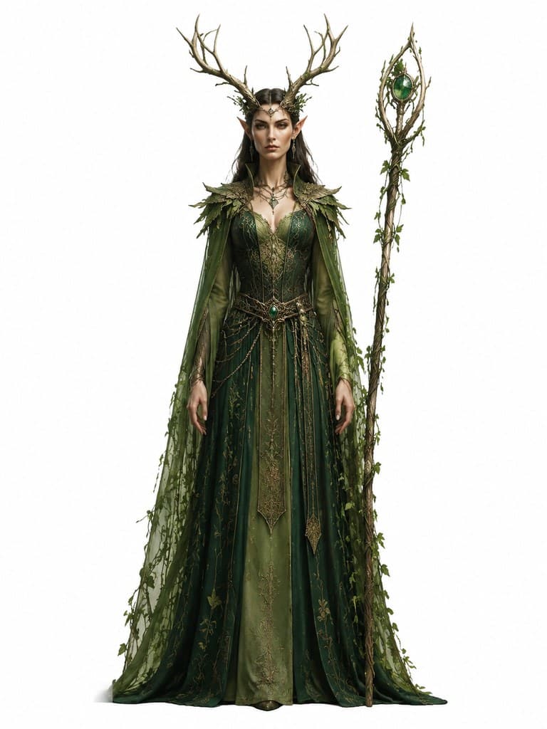 西方魔幻森林精灵大使女性绿袍鹿角冠藤杖全身定妆照