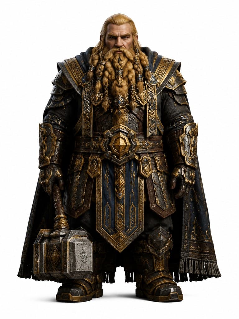 西方魔幻矮人大使男性金须重甲符文锤全身定妆照