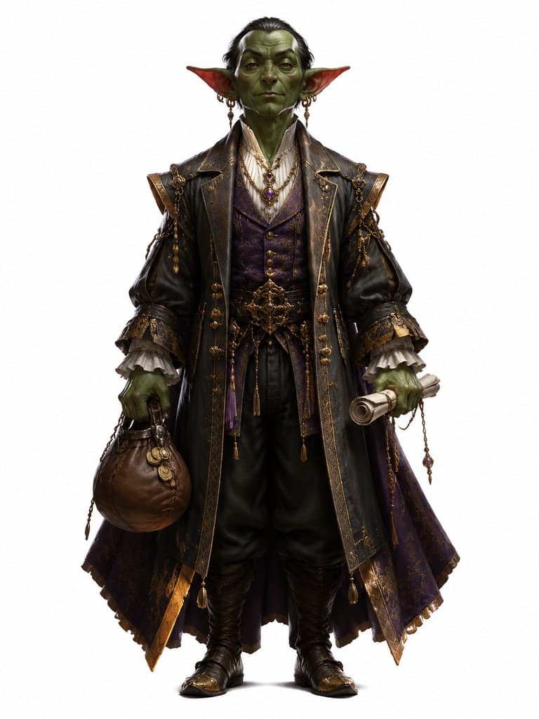 西方魔幻地精大使男性绿皮尖耳金币袋全身定妆照