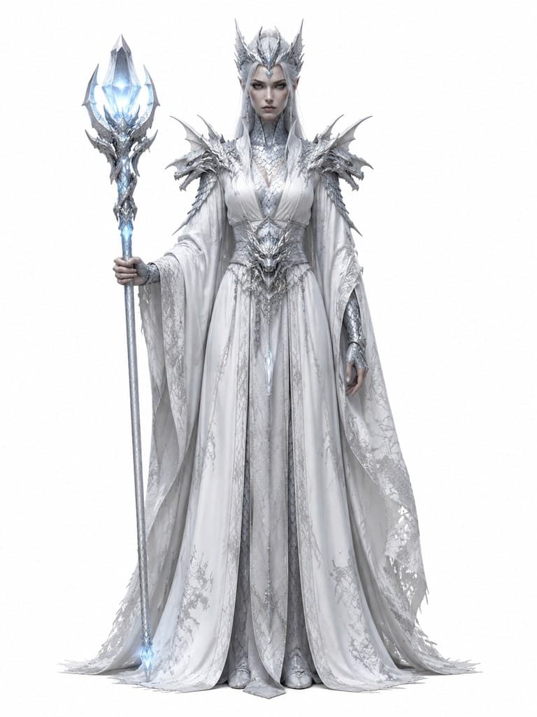 西方魔幻龙族大使女性银鳞白袍龙晶杖全身定妆照