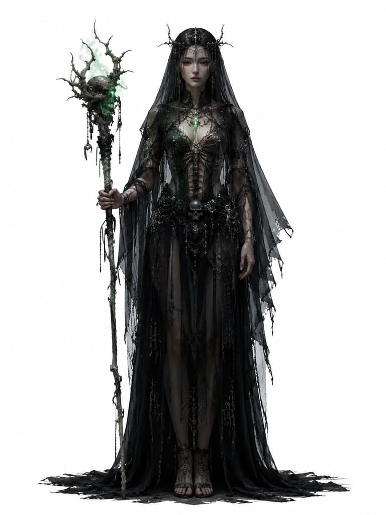 西方魔幻亡灵大使女性半透明黑纱骨杖全身定妆照