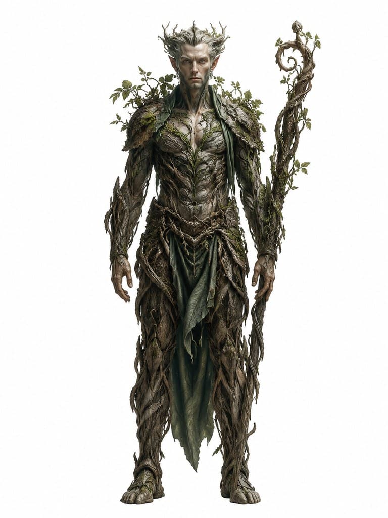 西方魔幻树人守卫男性树皮甲藤蔓杖全身定妆照