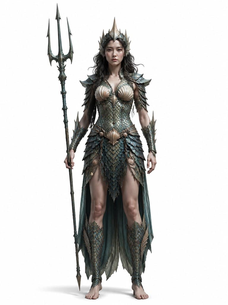 西方魔幻水族守卫女性鳞甲三叉戟贝壳冠全身定妆照