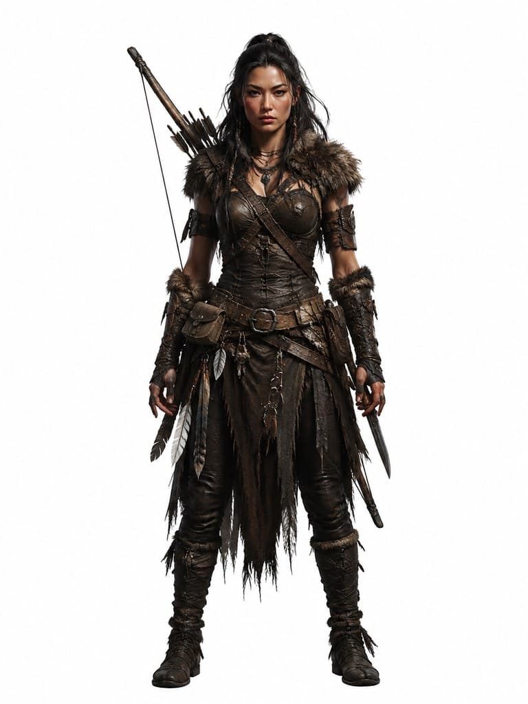 西方魔幻荒野猎手女性皮甲猎弓猎刀全身定妆照