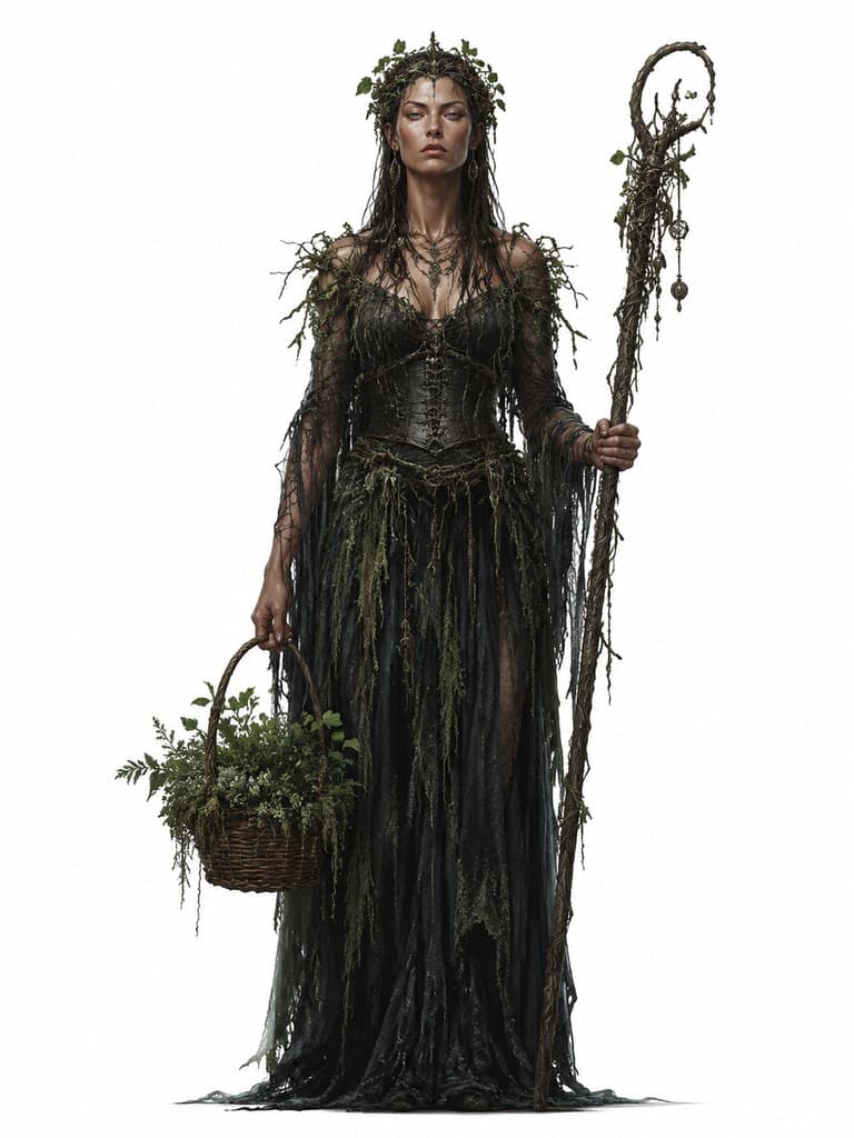 西方魔幻沼泽女巫女性黑裙藤冠草药篓全身定妆照
