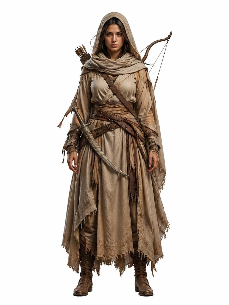 西方魔幻沙漠游侠女性沙色袍弯刀围巾全身定妆照