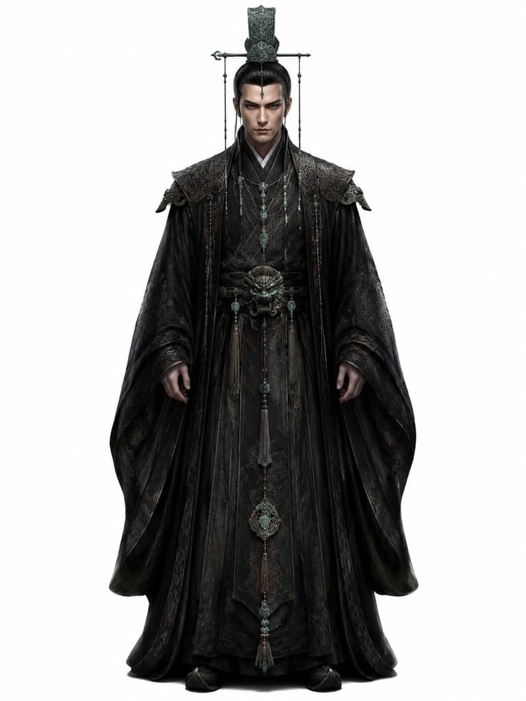西方魔幻东方使者男性黑袍玉冠符印全身定妆照