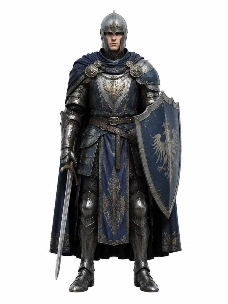 西方魔幻西方骑士男性蓝甲银盔剑盾全身定妆照