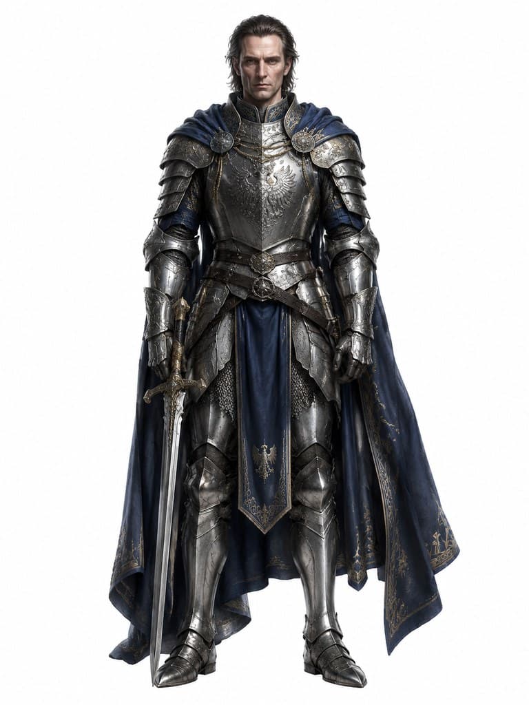 西方魔幻西方将军男性银甲蓝披风剑全身定妆照