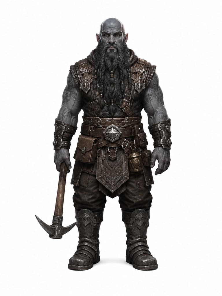 西方魔幻地底矮人男性灰皮肤光头铁镐全身定妆照