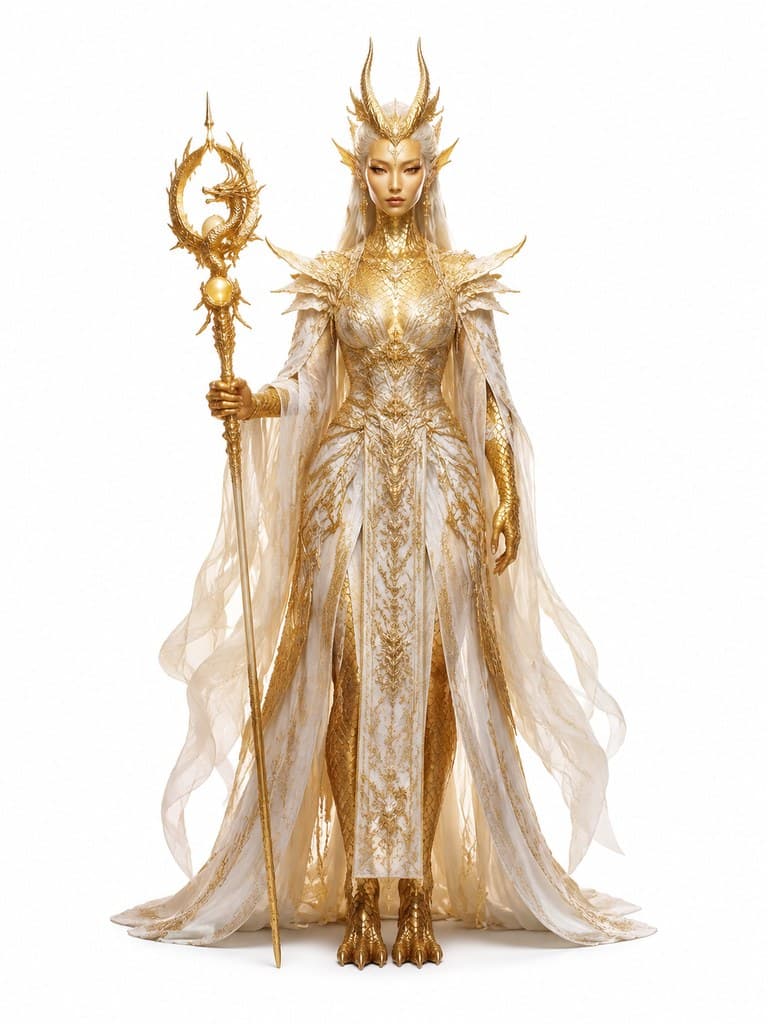 西方魔幻金鳞龙人女性金鳞法袍圣光杖全身定妆照