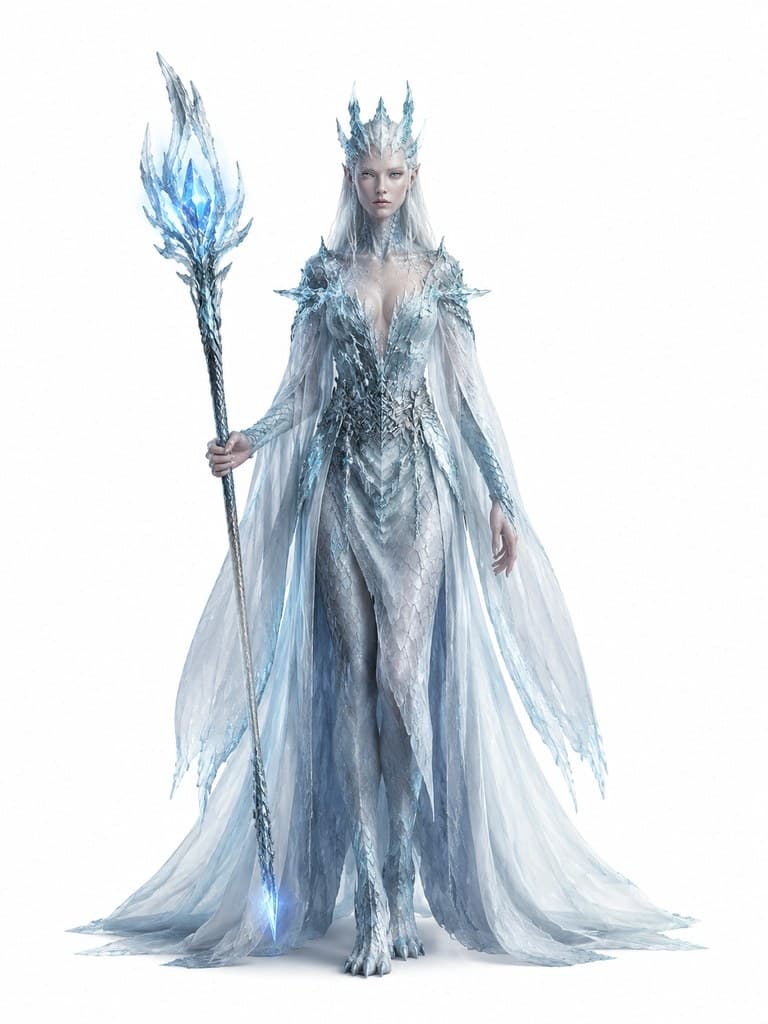 西方魔幻冰鳞龙人女性冰鳞法袍冰晶杖全身定妆照