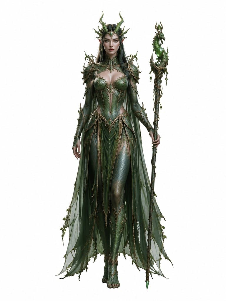 西方魔幻翡翠龙人女性绿鳞藤甲自然杖全身定妆照
