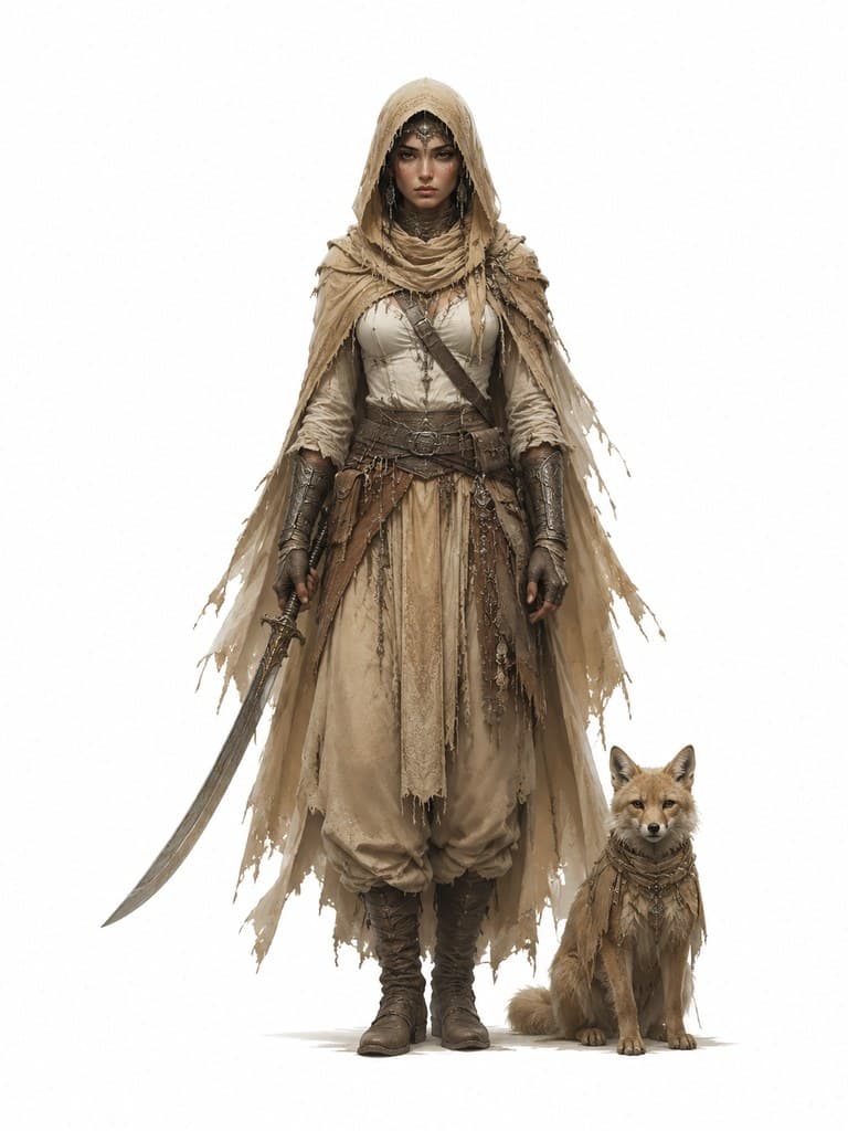西方魔幻沙人游侠女性沙色袍弯刀沙狐全身定妆照