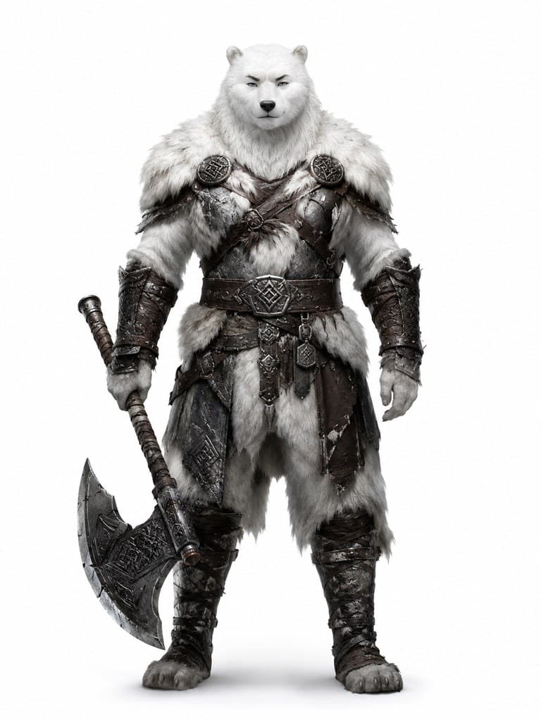 西方魔幻冻原熊人男性白毛熊头巨斧全身定妆照