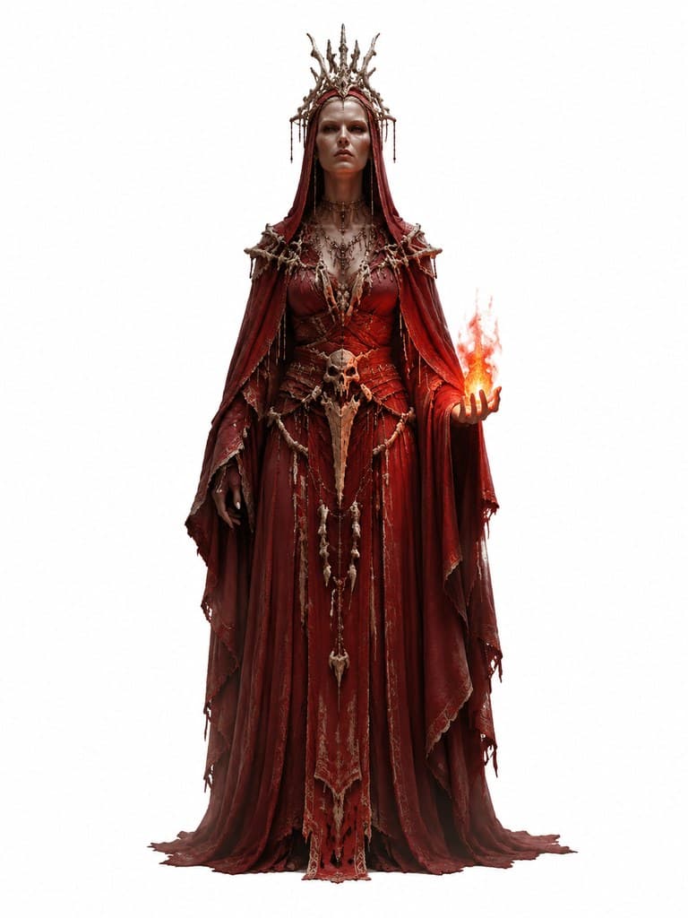 西方魔幻猩红先知女性红袍骨冠预言火全身定妆照