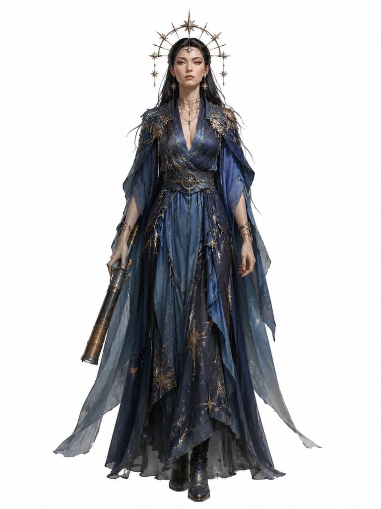 西方魔幻观星者女性蓝袍星冠望星镜全身定妆照