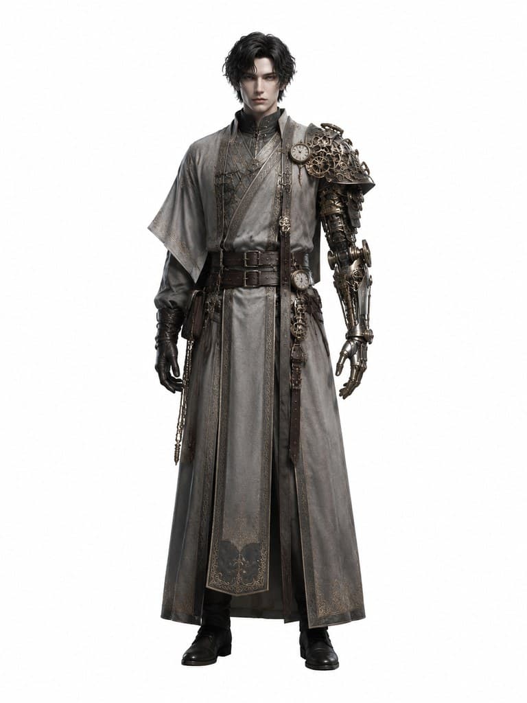 西方魔幻守钟人男性灰袍齿轮锤机械臂全身定妆照