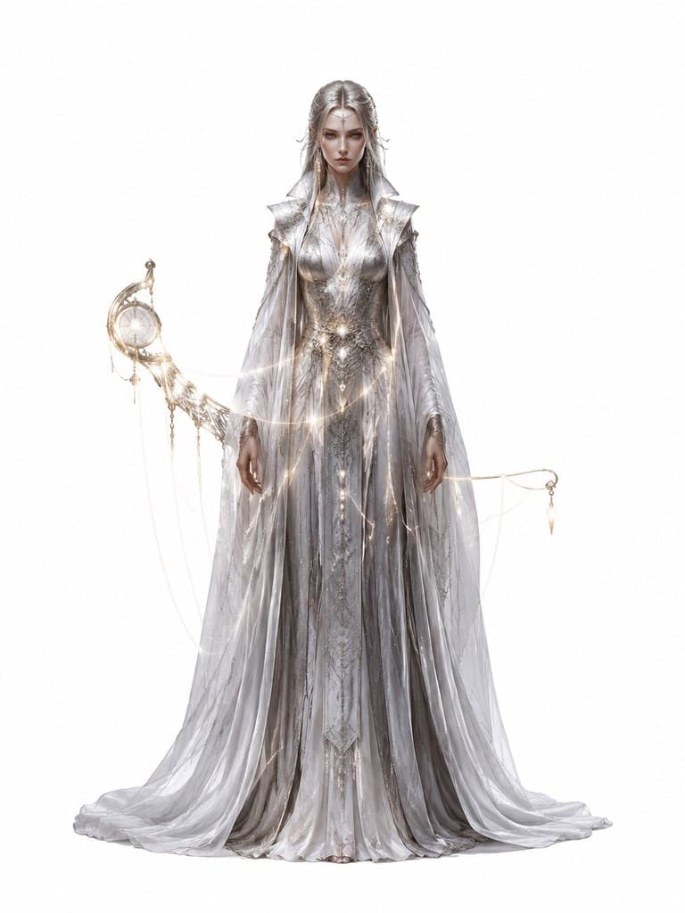 西方魔幻织梦者女性银袍织梭梦境丝线全身定妆照