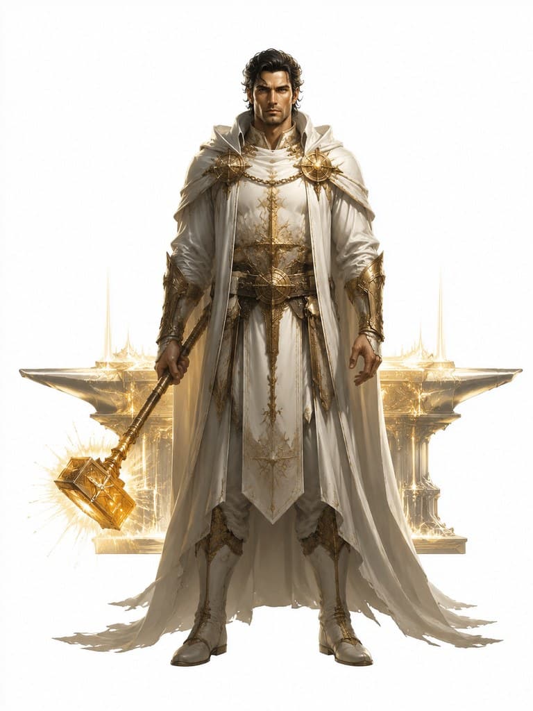 西方魔幻圣光锻造师男性白袍金锤光砧全身定妆照