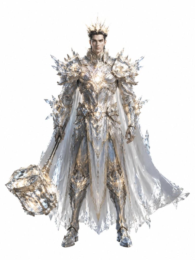 西方魔幻水晶领主男性水晶甲晶锤光冠全身定妆照