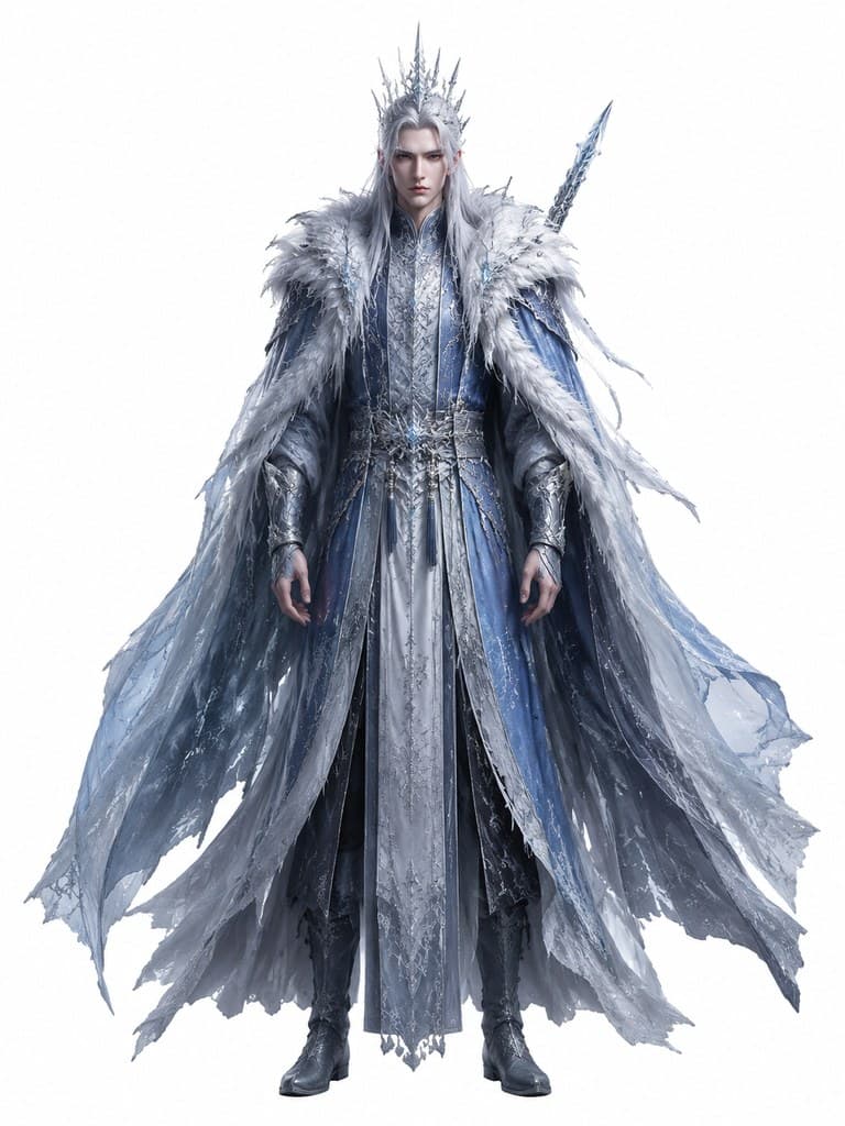 西方魔幻北风领主男性风袍冰刃雪冠全身定妆照