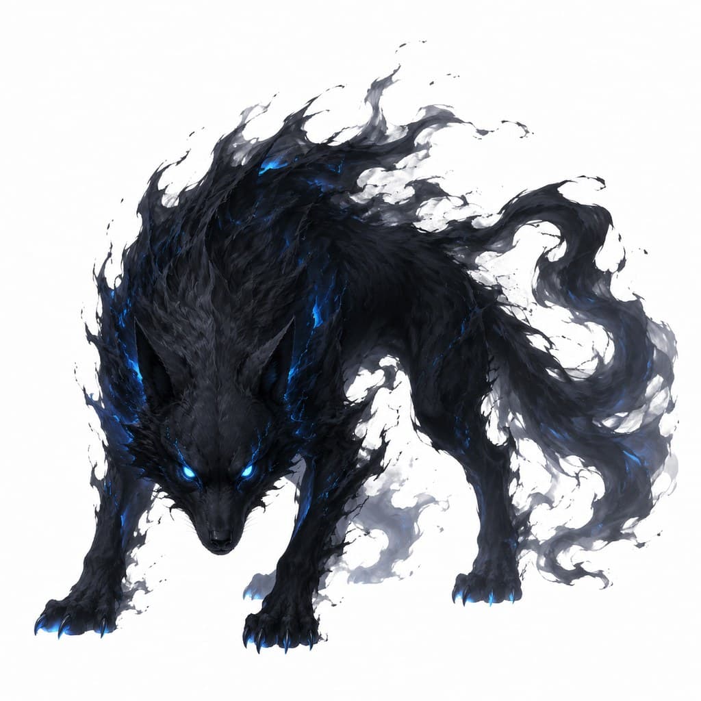 西方魔幻暗影狼黑雾身形幽蓝眼全身主视图