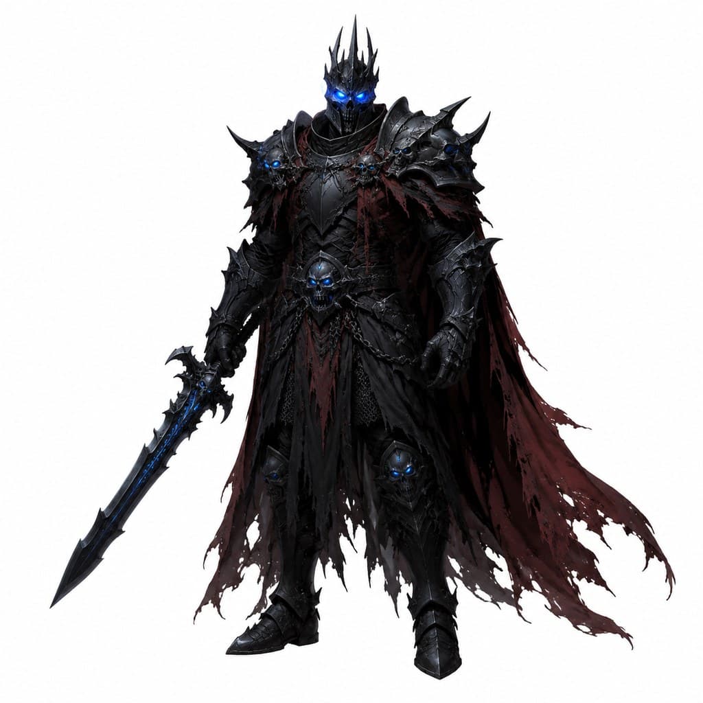 西方魔幻亡灵骑士黑甲骷髅头暗蓝眼全身主视图