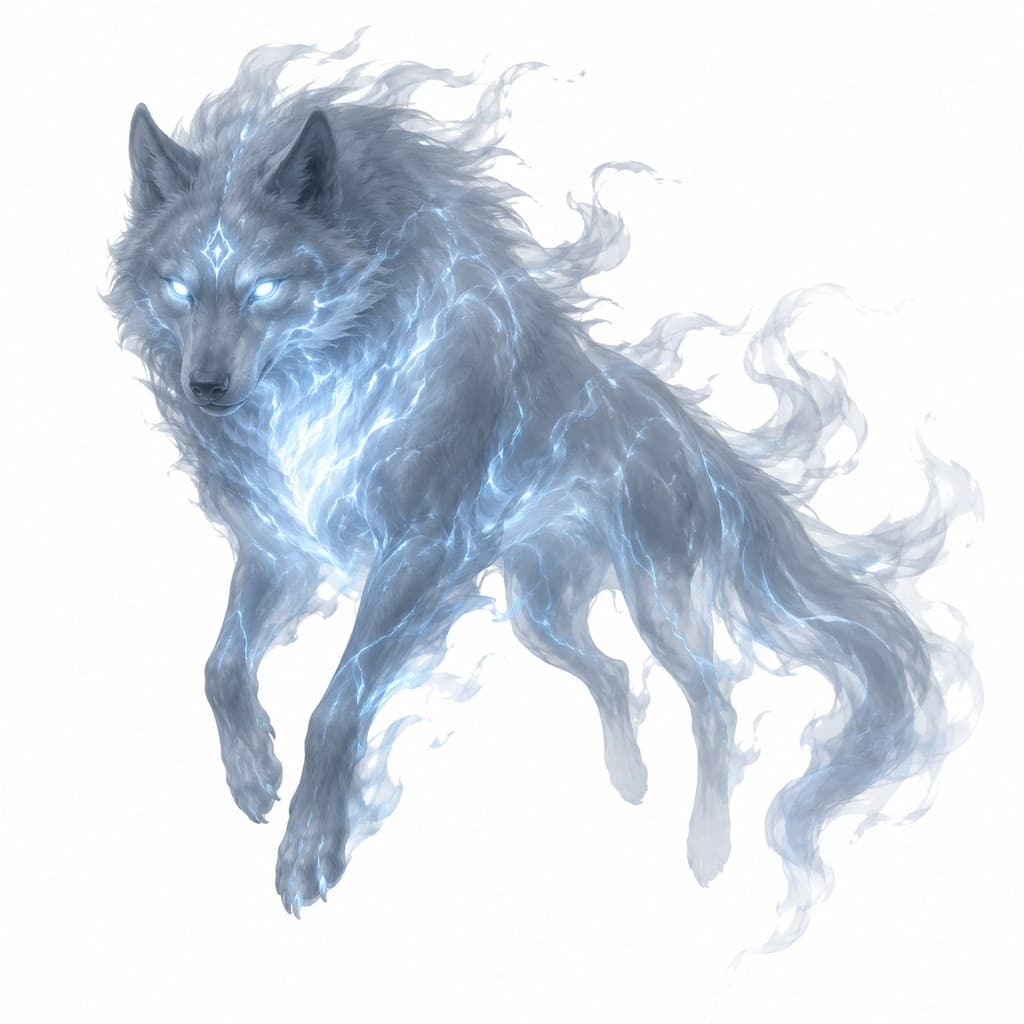 西方魔幻狼灵半透明灰狼灵体蓝光全身主视图