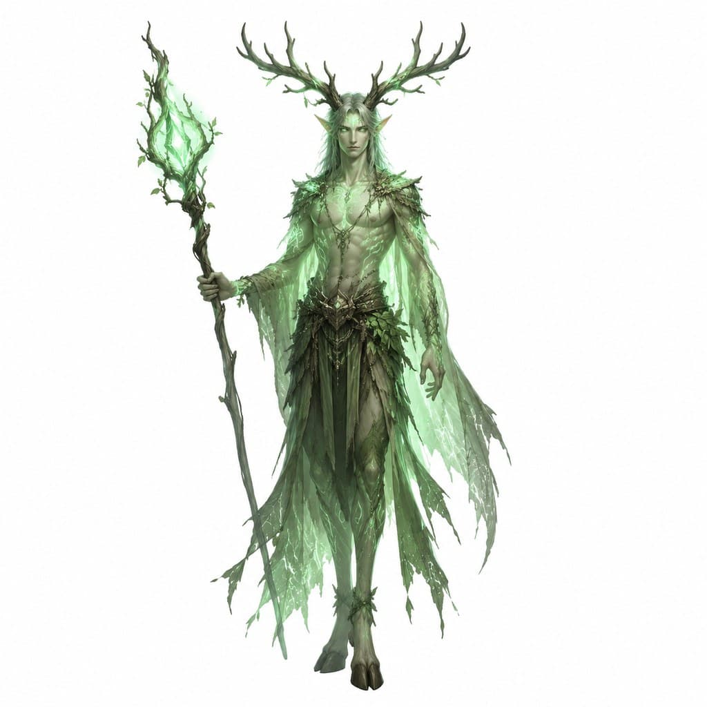 西方魔幻精灵鹿灵人形鹿角木杖绿光全身主视图